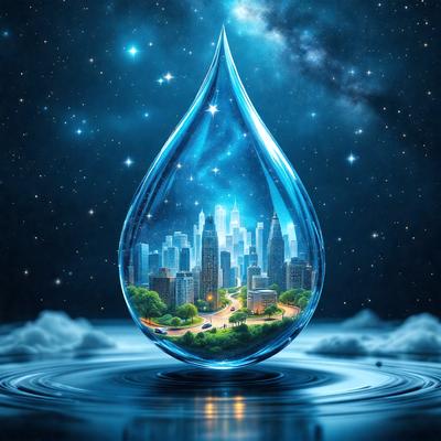 Primary subject: A glass globe with a cityscape inside.

Setting/background: The glass globe is floating in a blue, star-filled sky.

Visual style: The image is a digital artwork.

Colors and mood: The dominant colors are blue and white, with a serene and peaceful atmosphere.